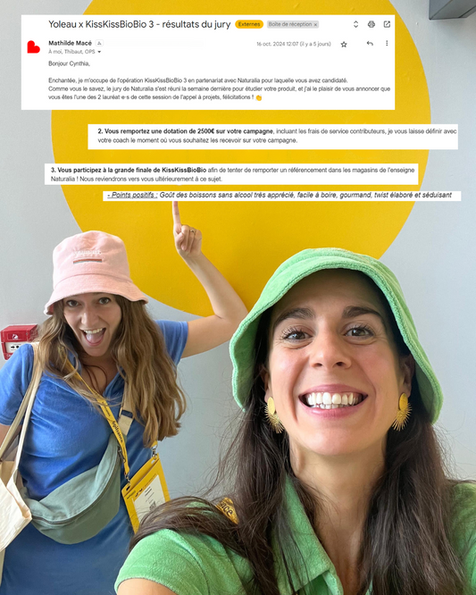 Pauline Desfarges et Cynthia Biardeau-Schwok, fondatrices de la marque de cocktails sans alcool Yoleau, lauréate du concours KissKissBioBio organisé par Naturalia et KissKissBankBank