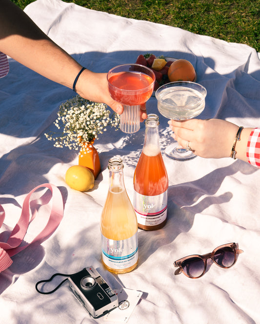 Spritz Fleur de sureau Yoleau et spritz Framboise Timut Yoleau, dans verres à cocktails, apéro sur l'herbe au soleil